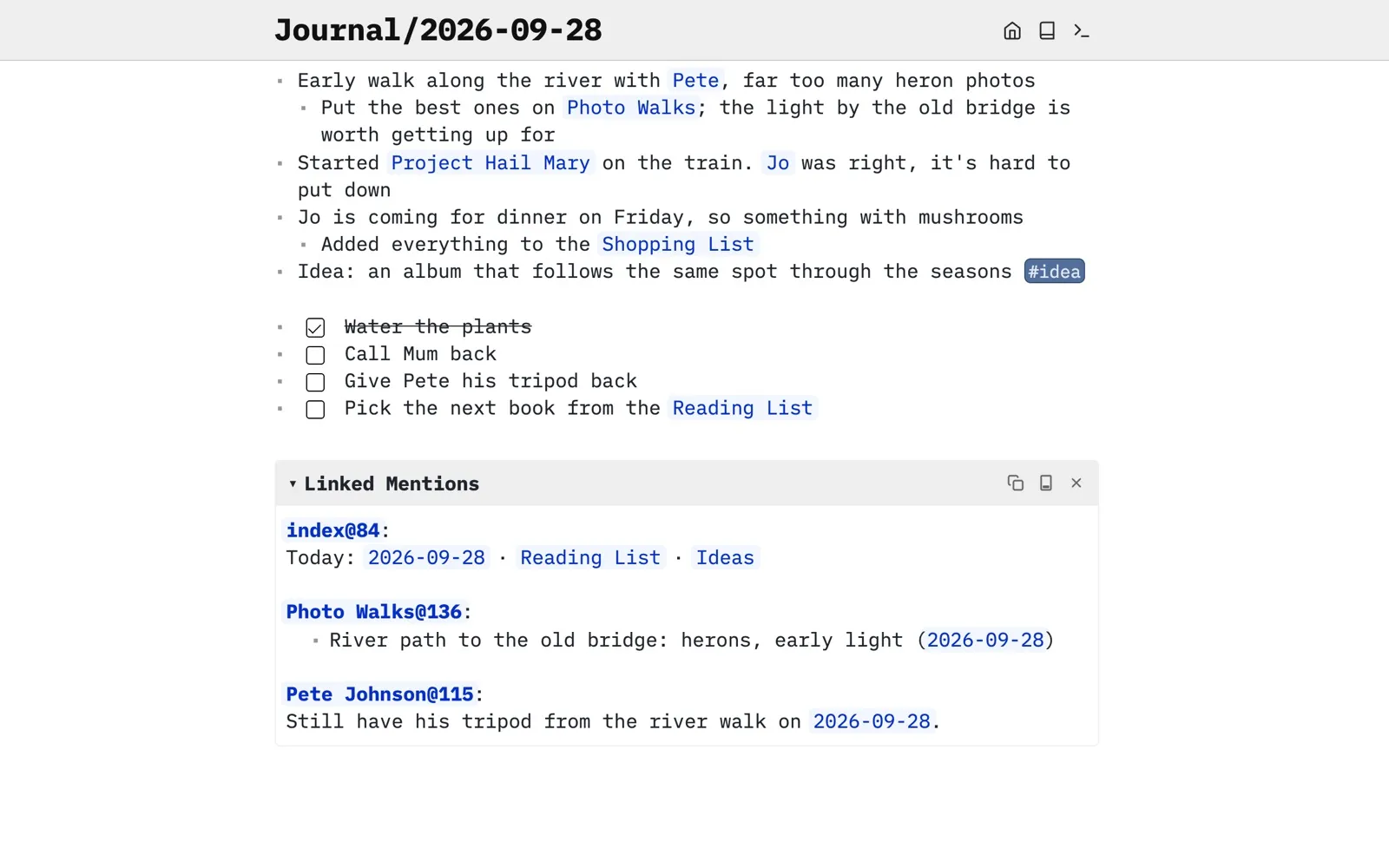 A journal page in SilverBullet on a laptop, with links to people, a book and a shopping list