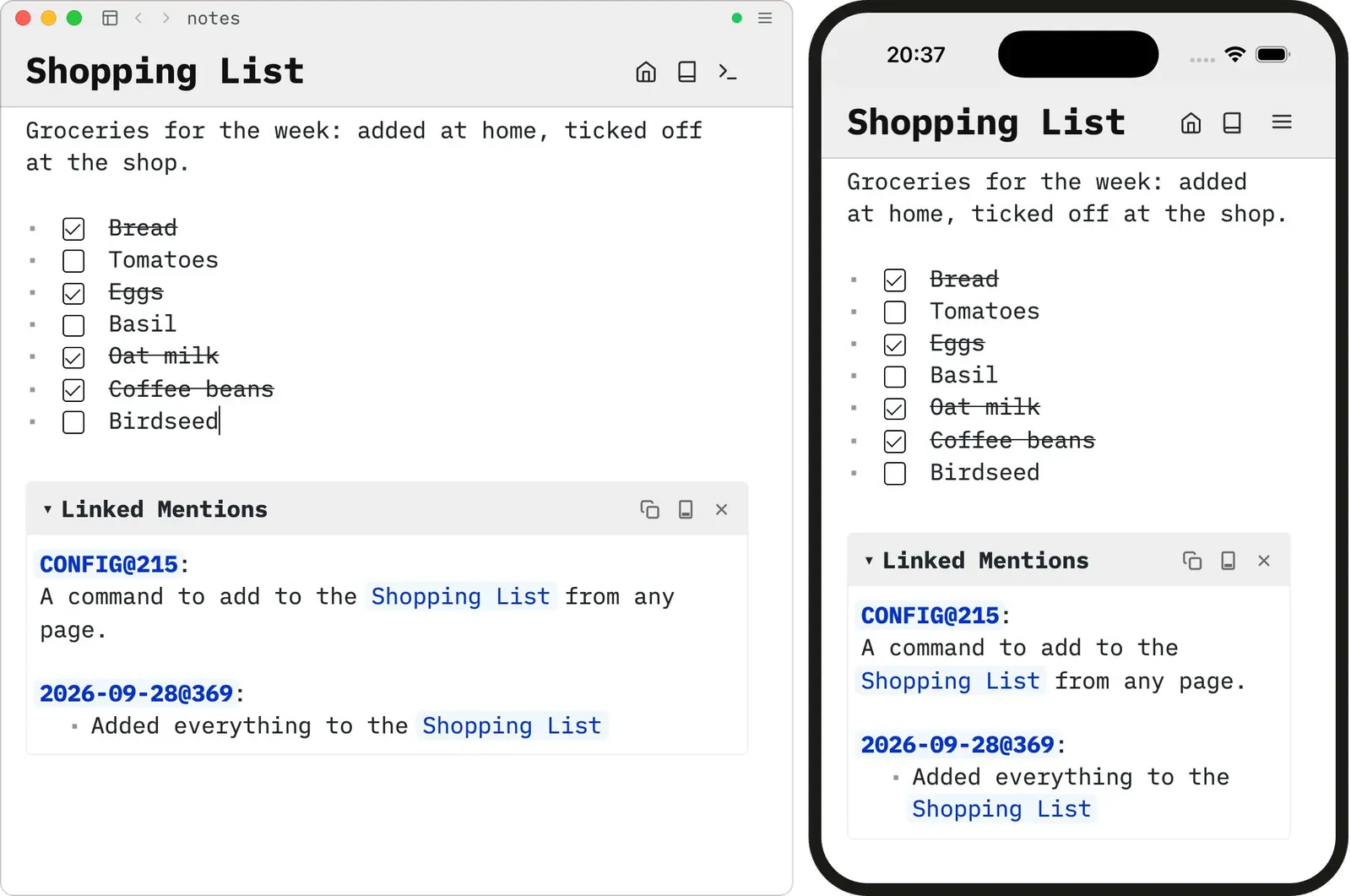 The same Shopping List open on a laptop and a phone, with the same items ticked off on both