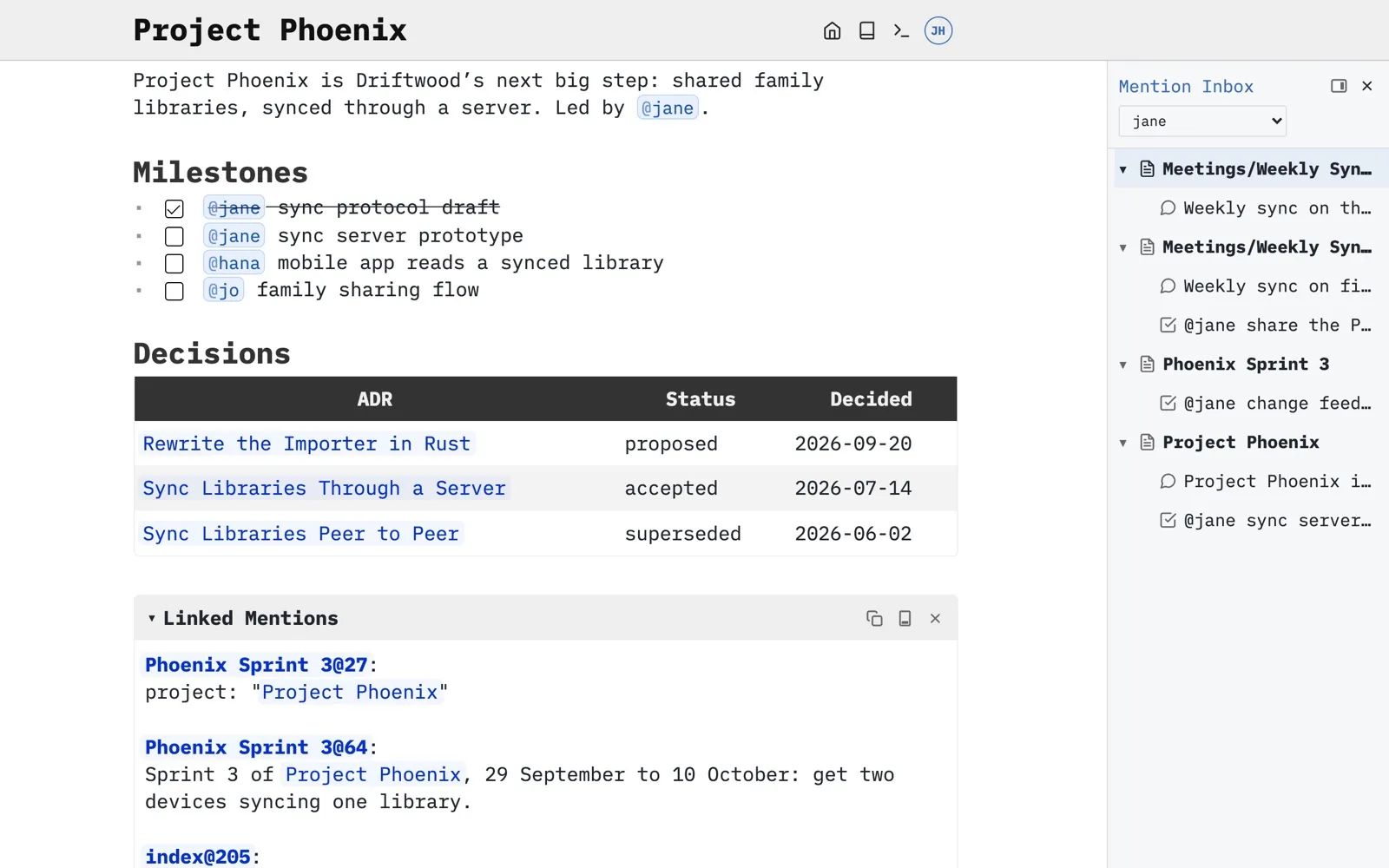 A project page with milestones and decisions, next to the Mention Inbox