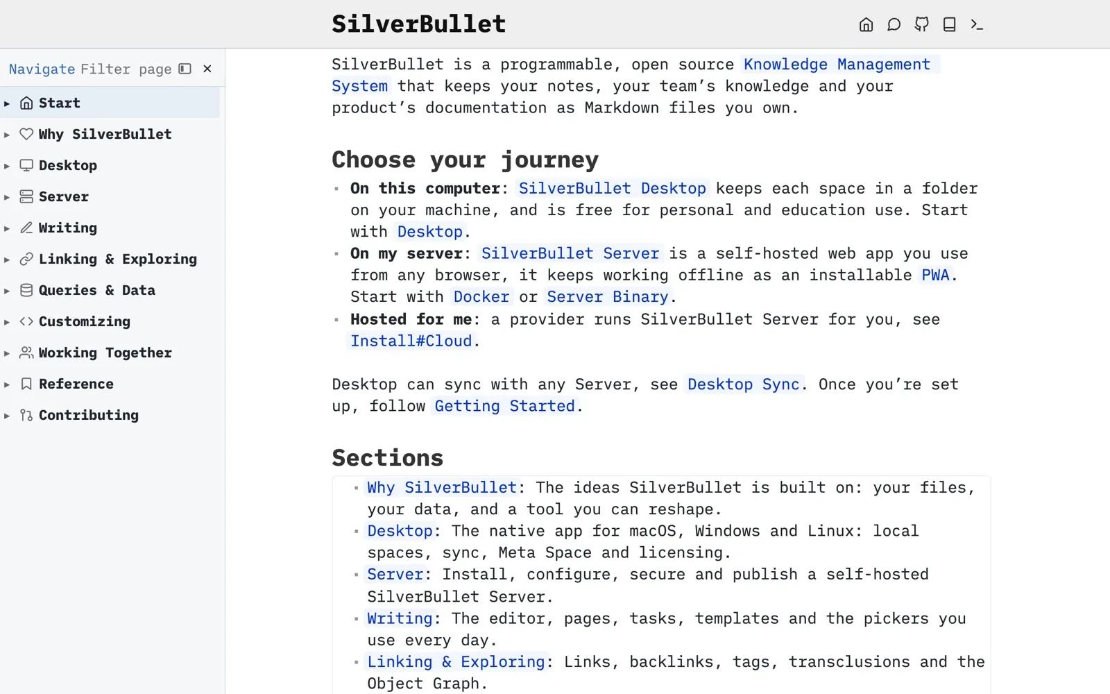 The SilverBullet documentation at docs.silverbullet.md, itself a published SilverBullet space: a section tree on the left and the Start page on the right