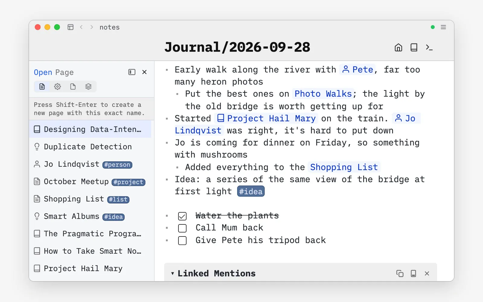 SilverBullet Desktop in its own macOS window, showing a journal page from a space named notes