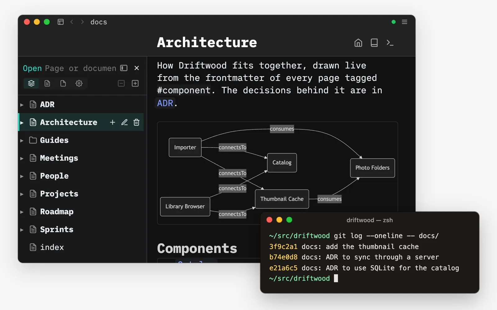 SilverBullet Desktop open on a repository’s docs folder at its Architecture page, with a live diagram of how the components connect, next to a terminal showing the git log for docs/