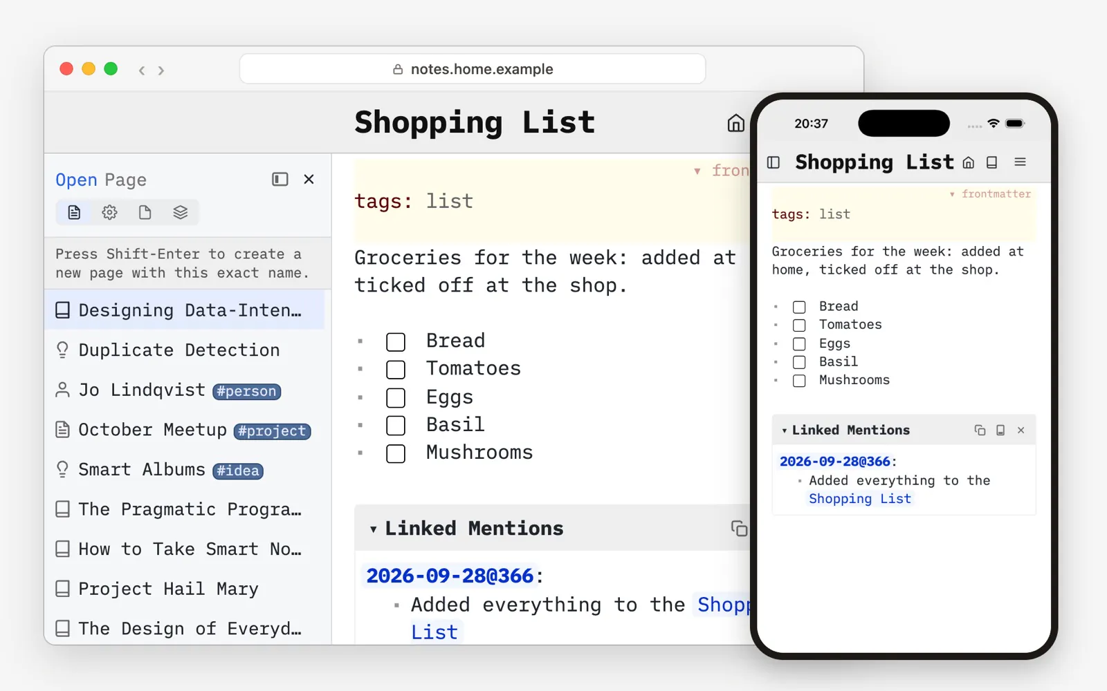 The same Shopping List open in a browser at notes.home.example and on a phone, both served by your own SilverBullet Server