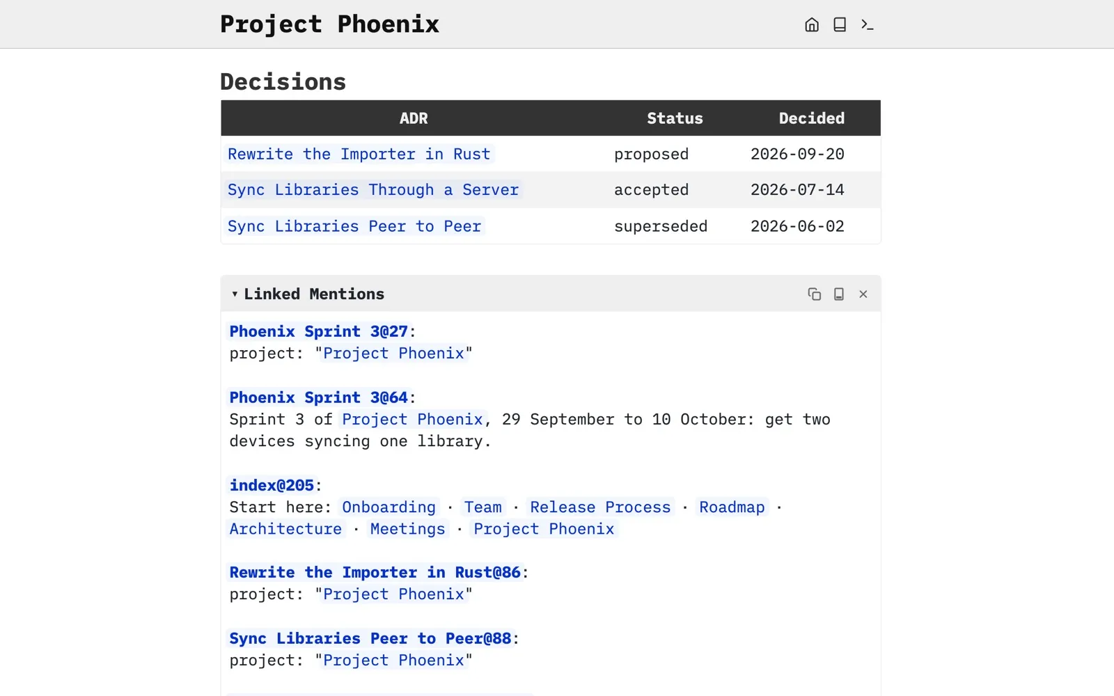 The Project Phoenix page showing its Decisions table, with a Linked Mentions panel below listing the pages that link back to it