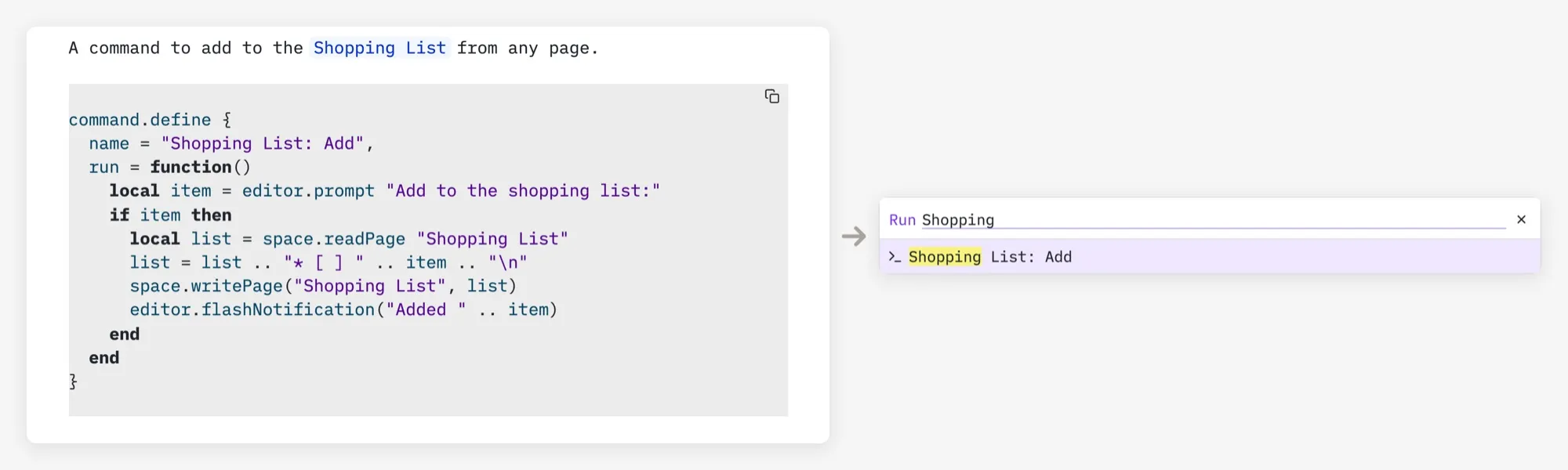 A ten-line command.define block in Space Lua on the left, and on the right the command palette offering the Shopping List: Add command it creates
