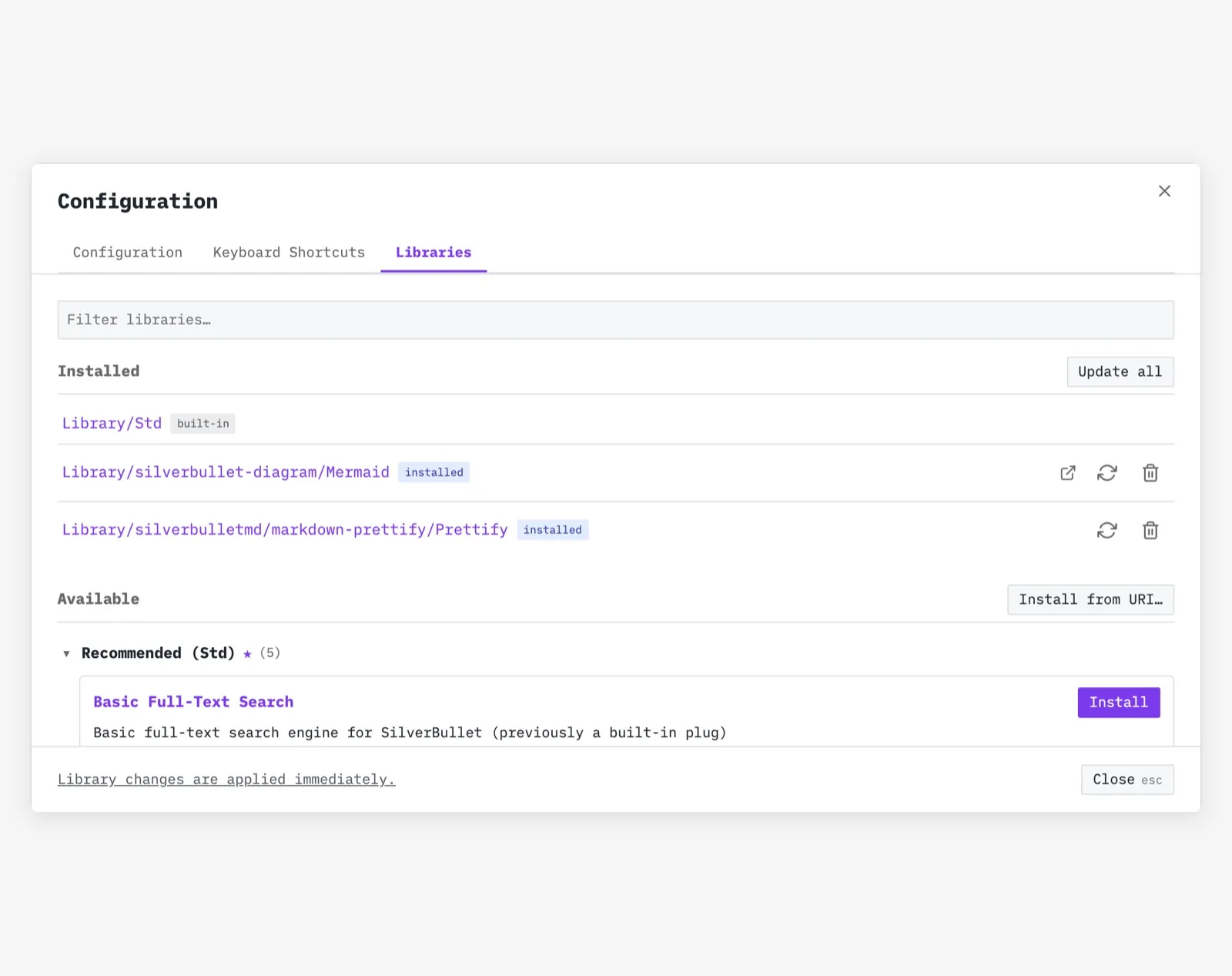 The Library Manager: the built-in Std library and two installed libraries, Mermaid diagrams and Markdown Prettify, above the recommended libraries still available to install