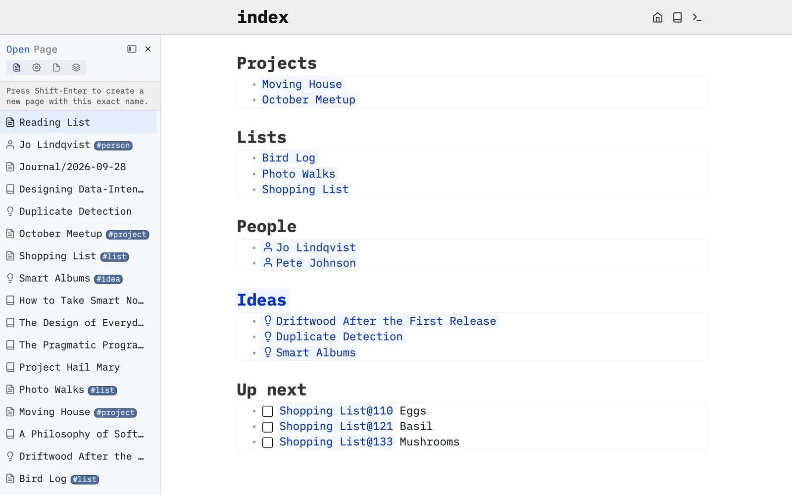 Sam’s space with the page picker docked on the left: books, people and ideas each have their own icon there and in the index page’s lists of projects, lists, people and ideas