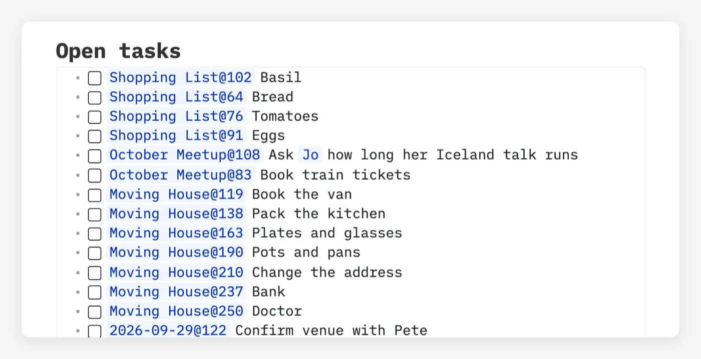The Open tasks list on the index page: unticked tasks from the shopping list, the photo club meetup, the house move and journal days, each linking back to where it was written