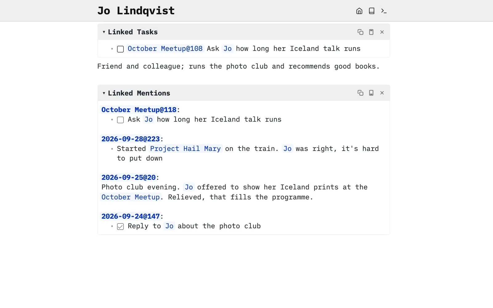 Jo Lindqvist’s page: one line about her, then Linked Mentions gathering every journal day and page that mentions her, from the photo club evening to the book she recommended
