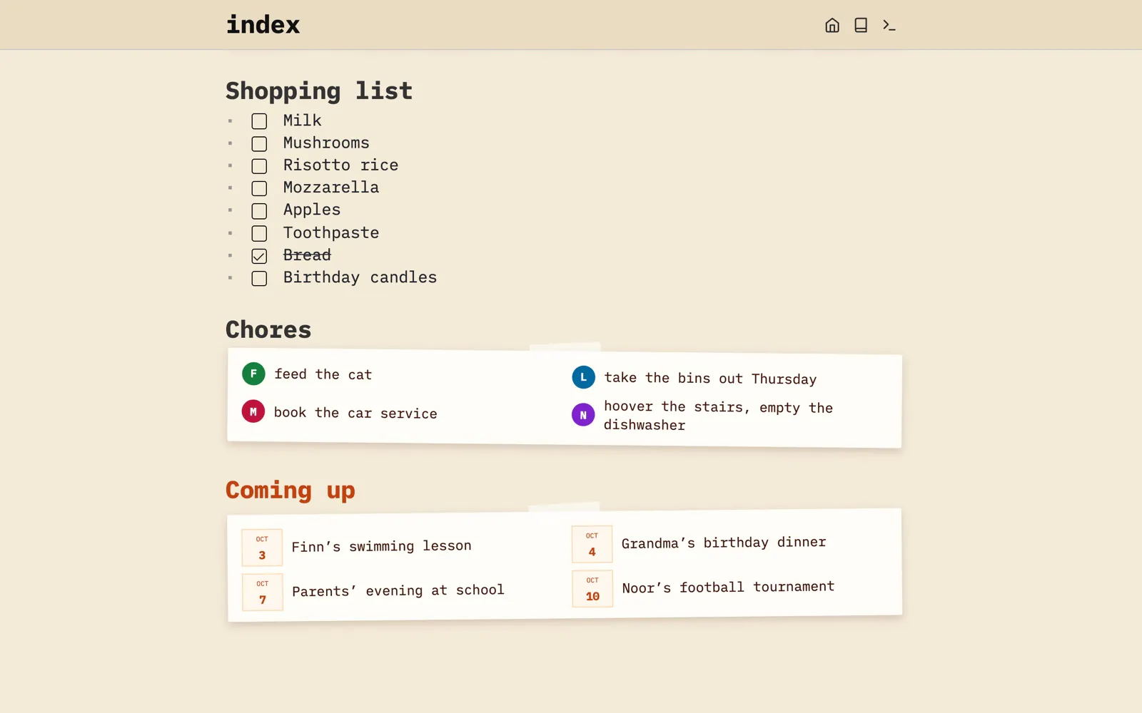 Further down the Bakers’ home page: the shopping list as tasks, a taped note with each family member’s open chores next to their avatar, and one with what’s coming up, each event with a date card