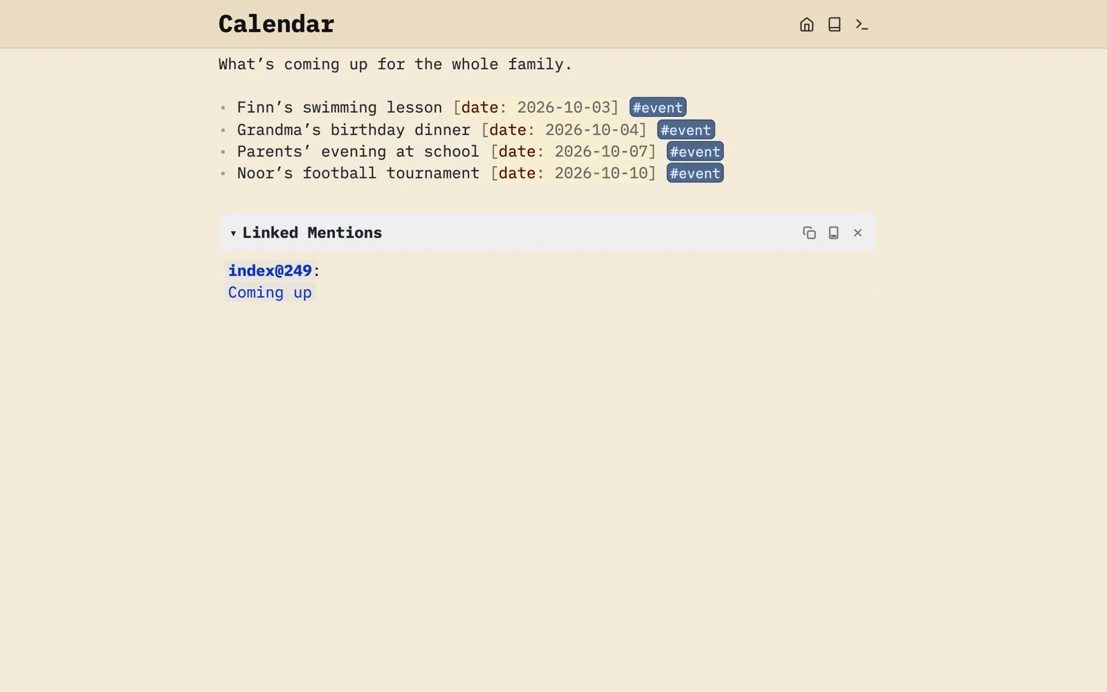 The Calendar page: upcoming family events as list items with a date attribute and an #event tag