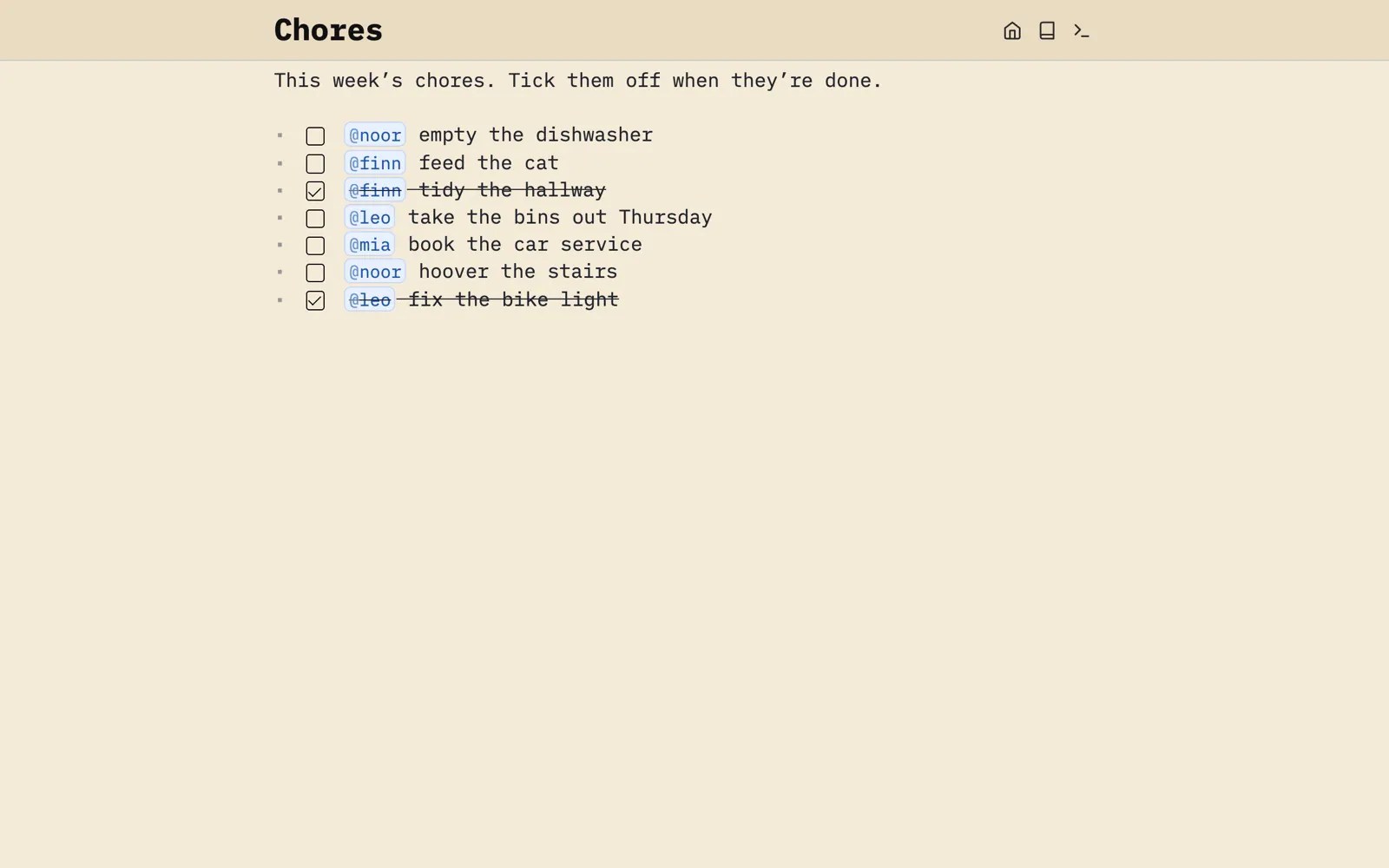 The Chores page: this week’s chores as tasks, each addressed to a family member with an @mention, two already ticked off