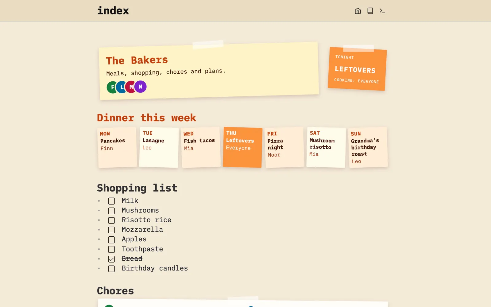 The Bakers’ home page as a fridge door: a taped note with the family’s faces, one with tonight’s dinner, a tilted note per dinner this week with who cooks, the shopping list as tasks, chores per person and what’s coming up