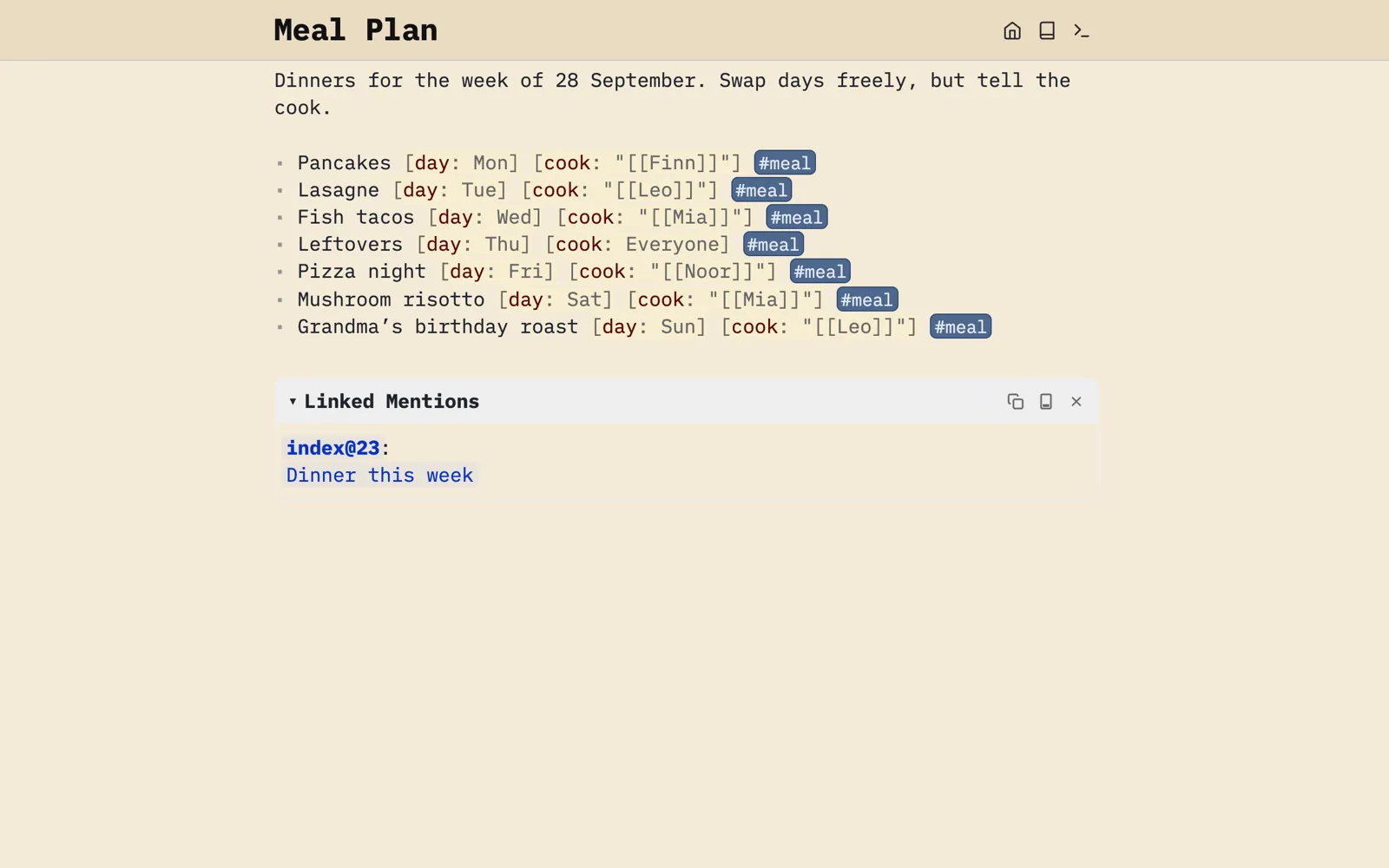 The Meal Plan page: each dinner a list item with a day and a cook as attributes, the cook a link to their page