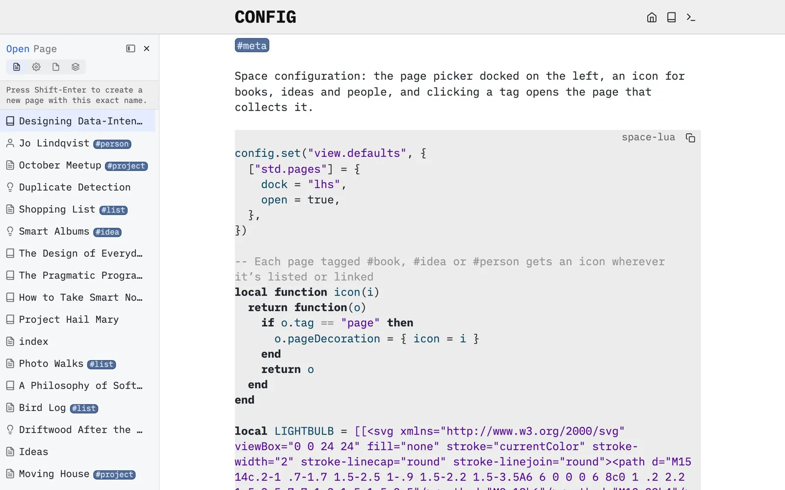 Sam’s CONFIG page: Space Lua that docks the page picker on the left and adds icons to pages tagged #book, #idea and #person