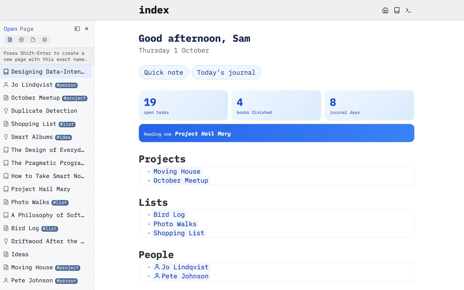 Sam’s home page: a greeting, buttons for a quick note and today’s journal, counts of open tasks, finished books and journal days, and lists of projects and lists, with the page picker docked on the left