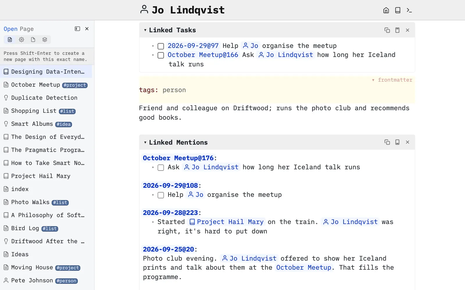 Jo Lindqvist’s page, with a person icon from her tag: one line about her, the open task that mentions her, and Linked Mentions from journal days and the October Meetup