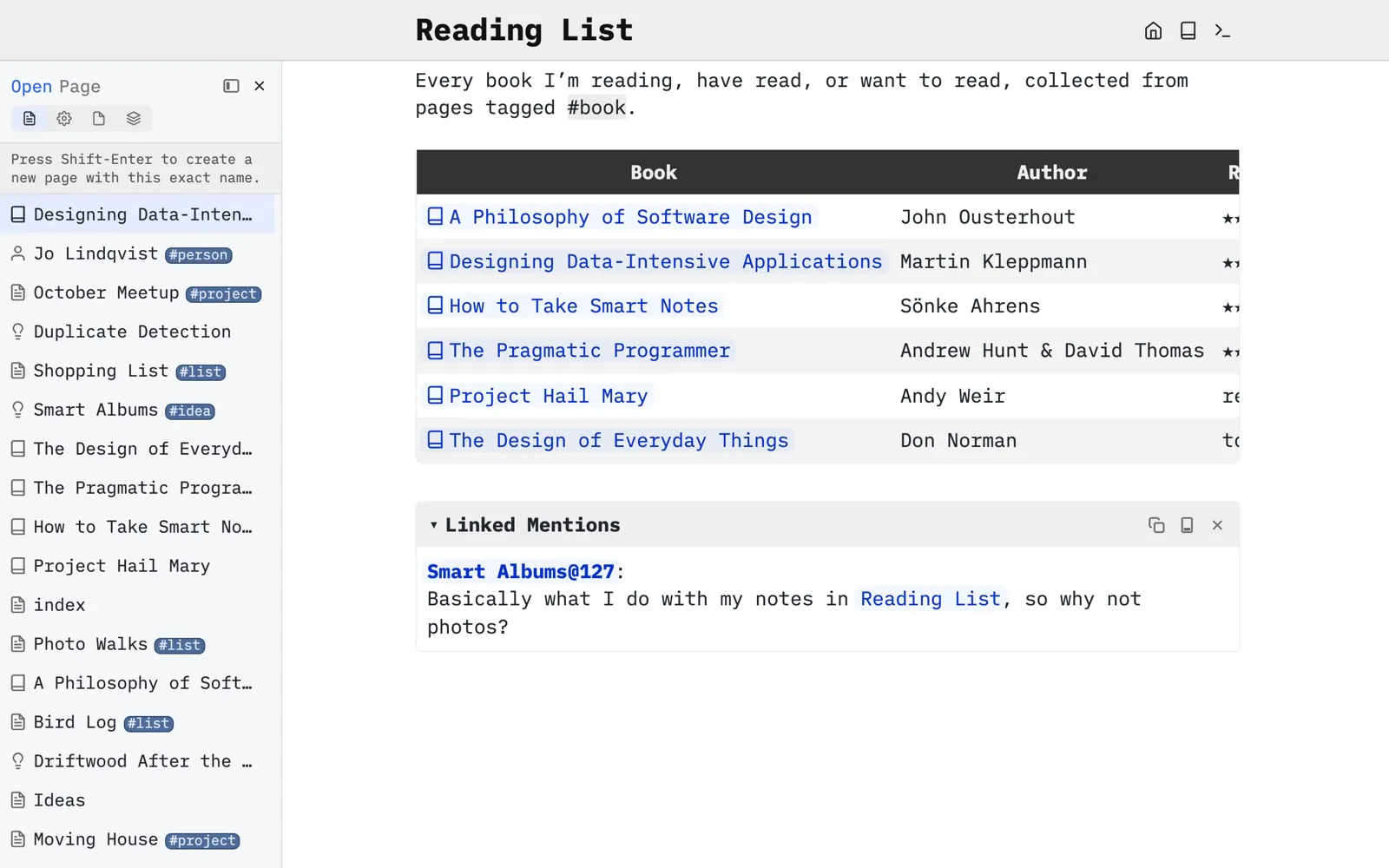 The Reading List: a live table of every page tagged #book with its author and rating, each book with a book icon